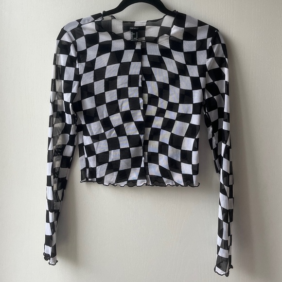 Black & White Racing Check Mesh Long-sleeve Shirt, Forever 21, size S - Picture 1 of 5